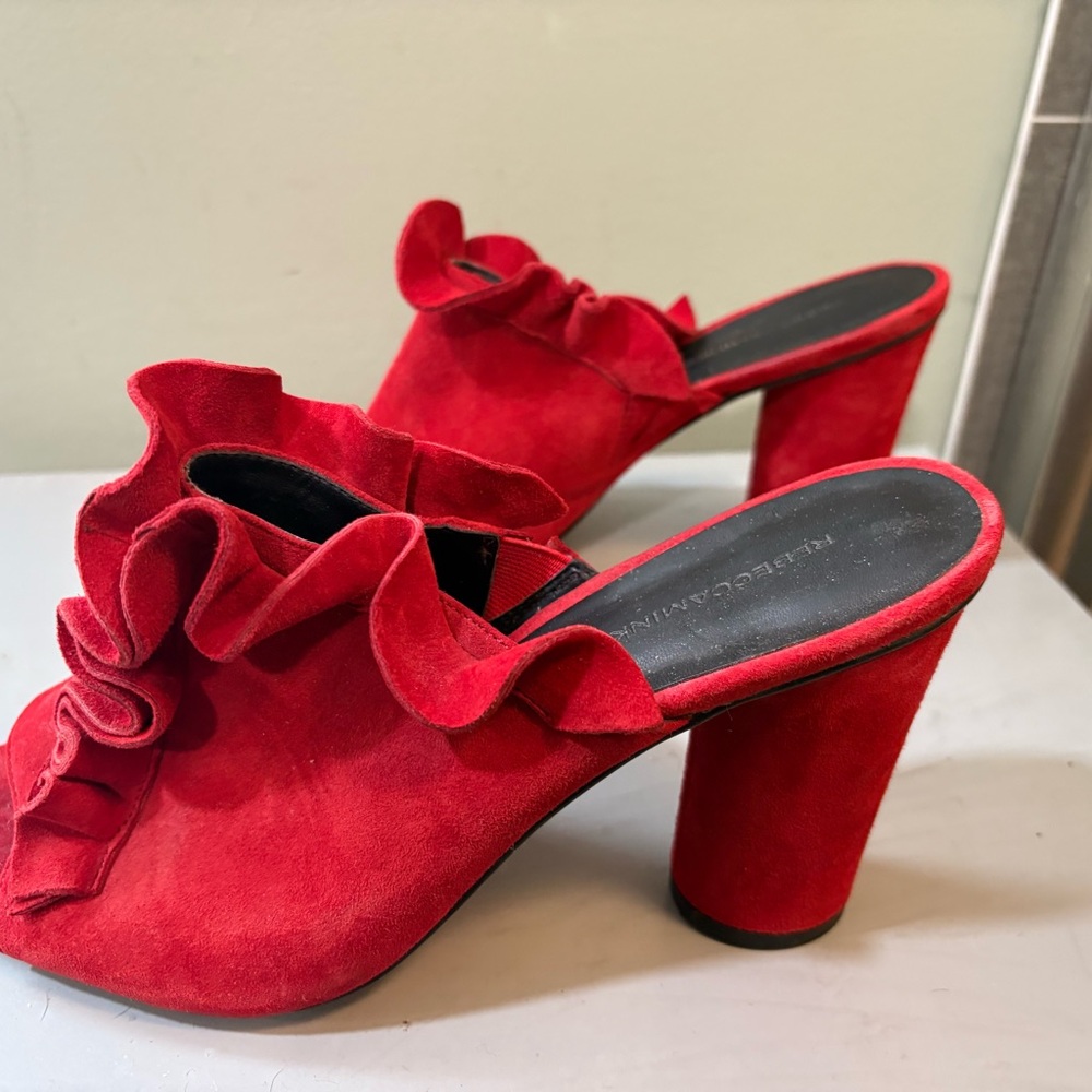 Rebecca Minkoff Red Suede Mules with Ruffle Detail